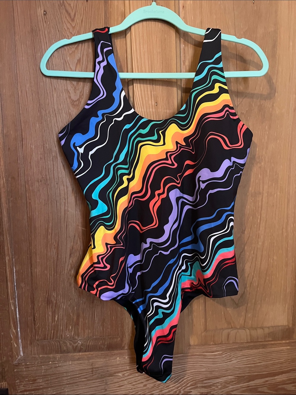 TomboyX One-Piece Swimsuit with Black/Multicolor Wave Print REVERSIBLE! Size:L